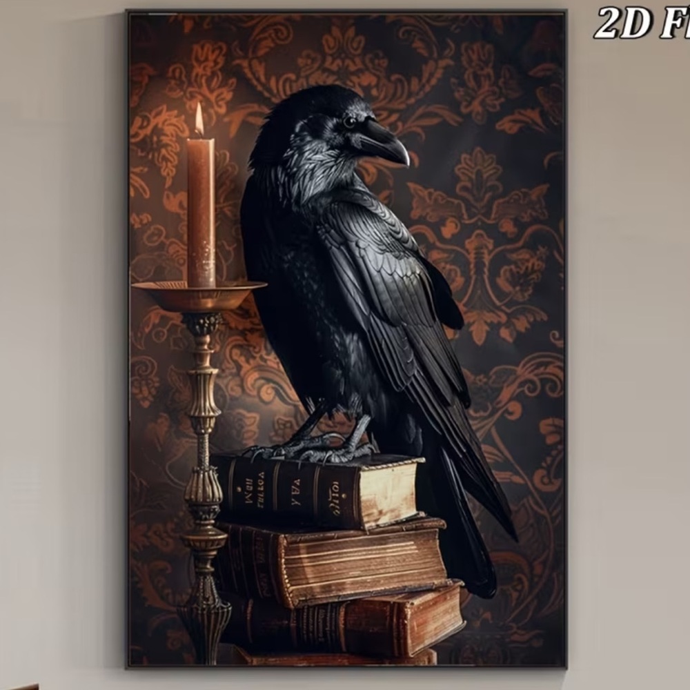 Raven Canvas Art with Candle and Books